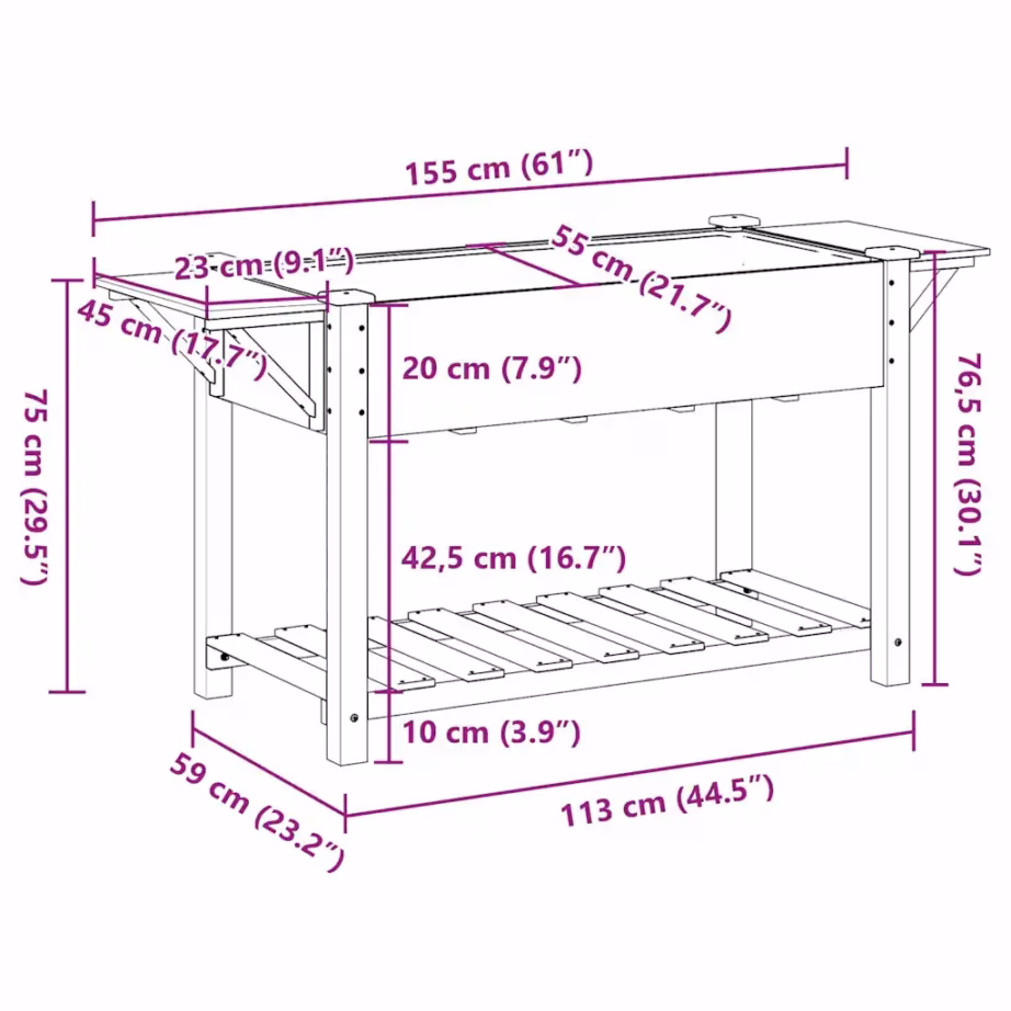 Aia istutuskast riiuliga, beež kuusepuit, 155 x 59 x 76,5 cm – 11