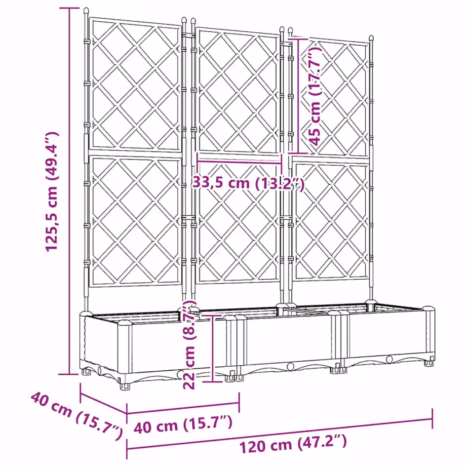 Aia istutuskast trellisega, 3 tk, valge teras, 120 x 40 x 125,5 cm – 8