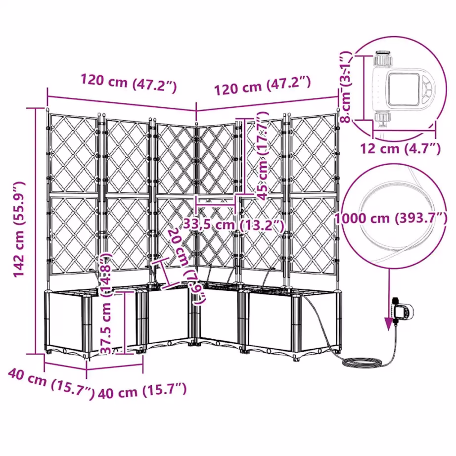 Aia istutuskastide komplekt trellise ja kastmissüsteemiga, 5 tk, must teras, 120 x 120 x 142 cm – 10