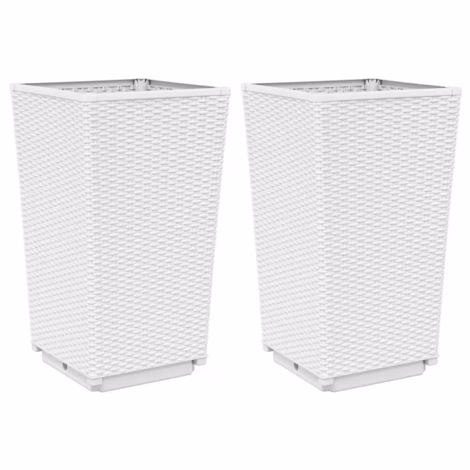 Kõrged aia taimekastid rotangiviimistlusega, 2 tk, valge, 32,5 x 32,5 x 57 cm, PP – 2