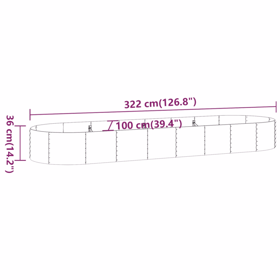 Aia taimelava galvaniseeritud terasest, ovaalne, hall, 322 x 100 x 36 cm – 6