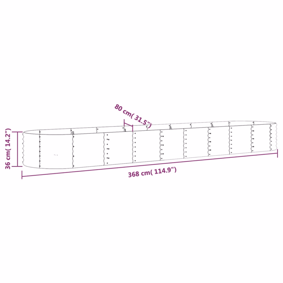 Ovaalne aia taimelava galvaniseeritud terasest, hall, 368 x 80 x 36 cm – 6
