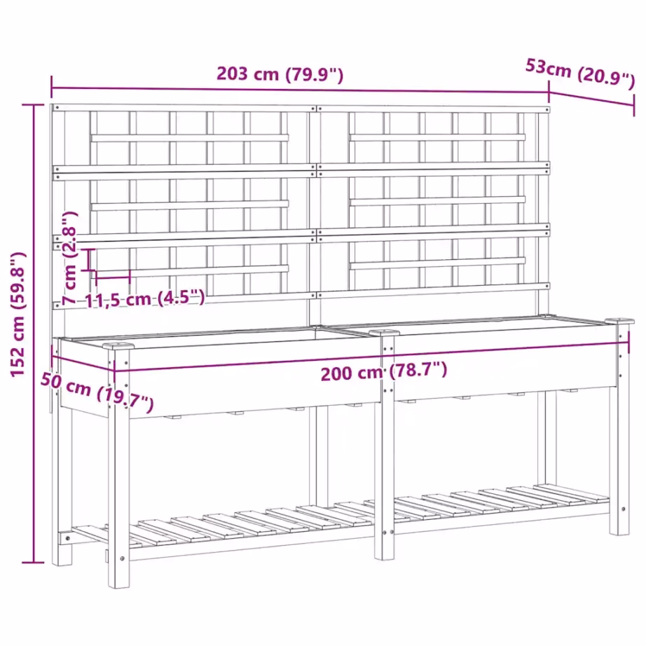 Aia istutuskast trellise ja riiuliga, beež kuusepuit, 203,5 x 54 x 152,5 cm – 10