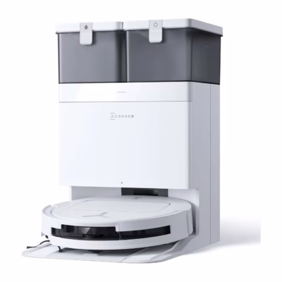 valge Ecovacs robottolmuimeja OMNI jaamaga eestvaates