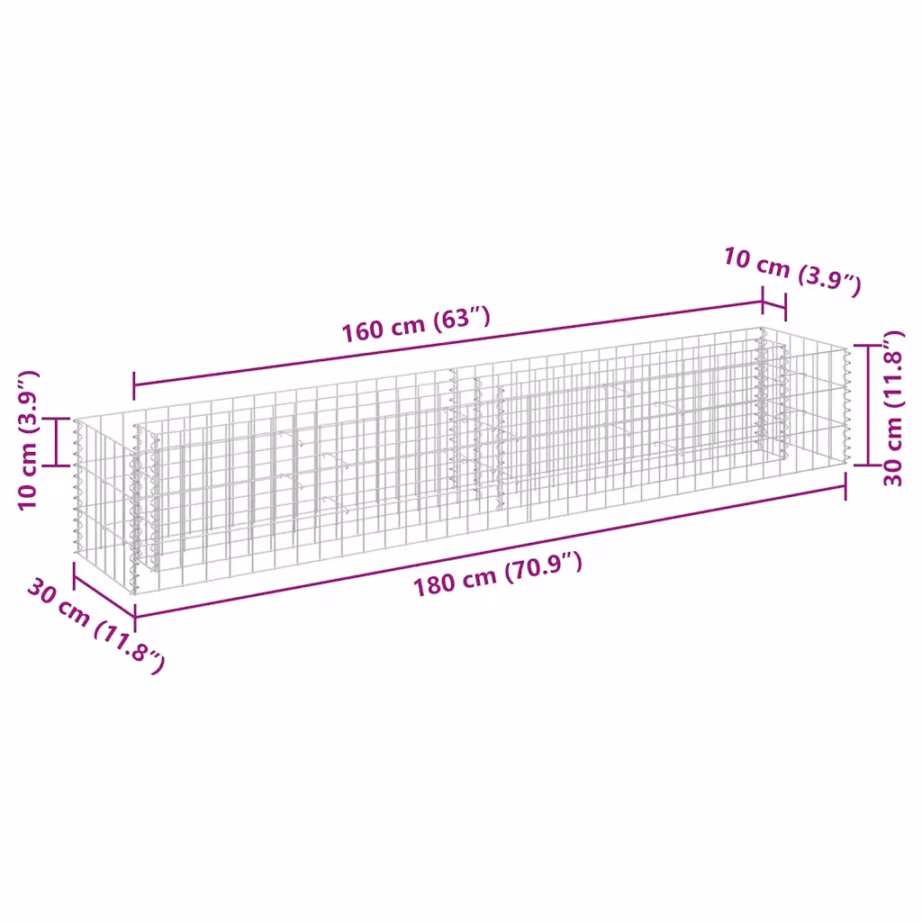 Gabioon-taimelava tsingitud terasest, hõbedane, 180 x 30 x 30 cm – 7