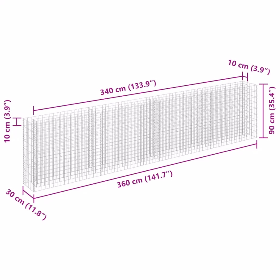 Gabioon-taimelava aiapiirdeks, hõbedane tsingitud teras, 360 x 30 x 90 cm – 7