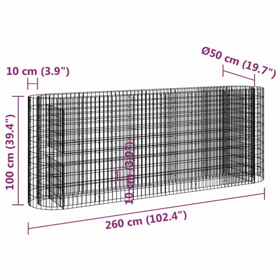 Gabioonist taimelava aeda ja terrassile, tsingitud raud, hõbedane, 260 x 50 x 100 cm – 8