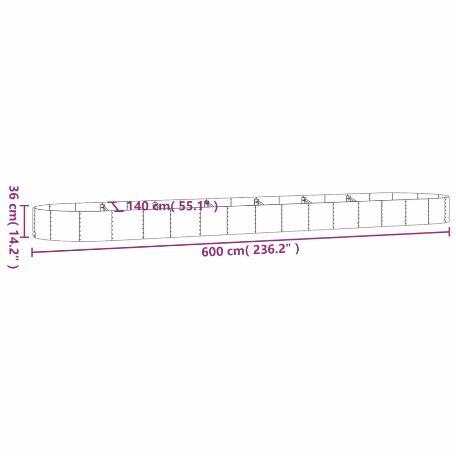 Ovaalne aia taimelava galvaniseeritud terasest, hall, 600 x 140 x 36 cm - 6