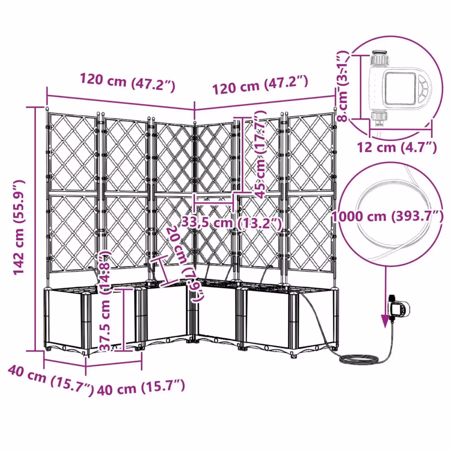 Hall aia istutuskastide komplekt võreseinaga, 3 tk, teras, 120 x 120 x 142 cm, kastmissüsteemiga – 6