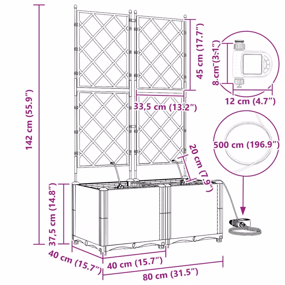 Aia istutuskast trellise ja kastmissüsteemiga, 2 tk, helehall teras, 80 x 40 x 142 cm – 10