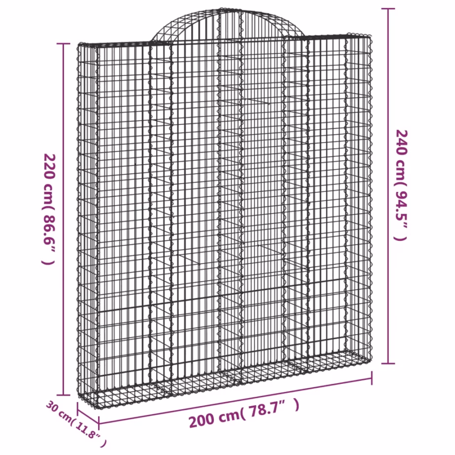 Kaarekujuline gabioonikorv aiaseinaks, tsingitud raud, hõbedane, 200 x 30 x 220/240 cm – 5