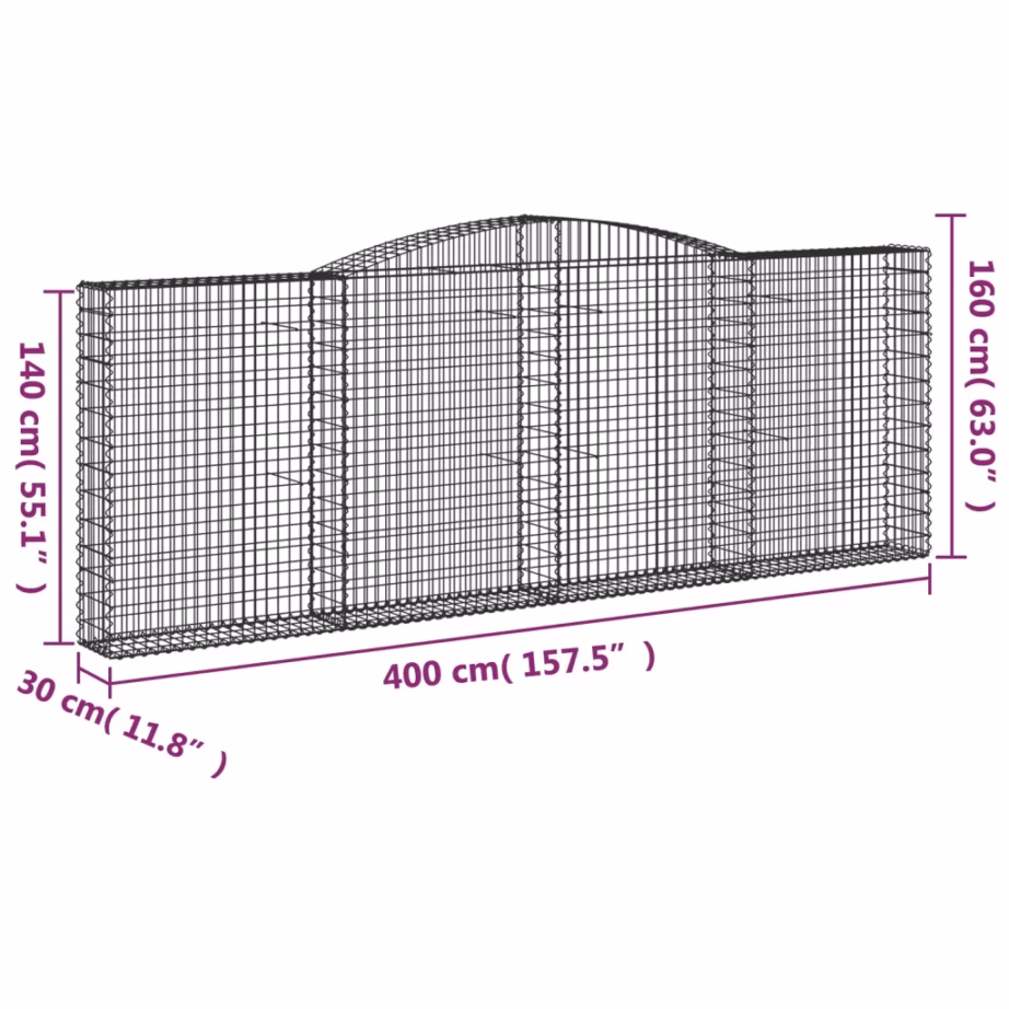 Kaarekujuline gabioonkorv aiaseinaks, 400 x 30 x 140/160 cm, tsingitud raud, hõbedane – 5
