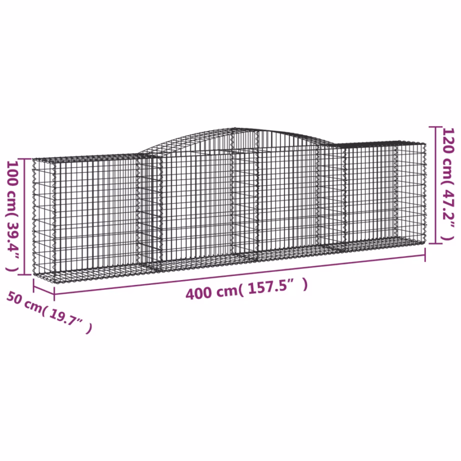 Kaarekujulised gabioonikorvid aiaseinaks, 4 tk, tsingitud raud, hõbedane, 400 x 50 x 100/120 cm – 6