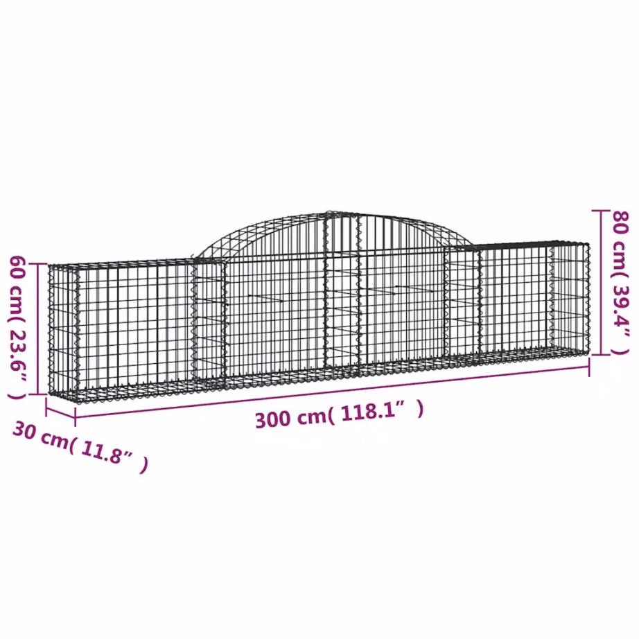 Kaarekujulised gabioonkorvid aiaseinaks, 9 tk, tsingitud raud, 300 x 30 x 60/80 cm - 6