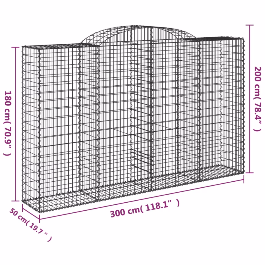 Kaarekujulised gabioonkorvid aiaseinale, 6 tk, 300 x 50 x 180/200 cm, hõbedane tsingitud raud – 6