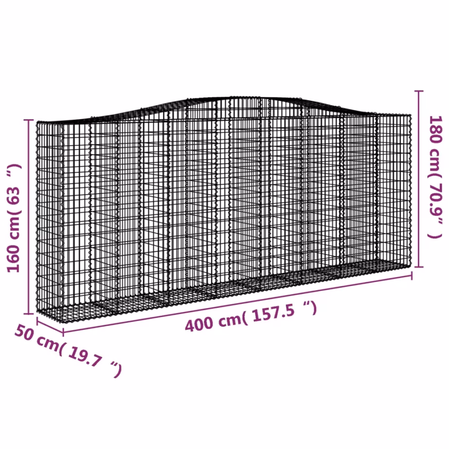 Kaarekujulised gabioonkorvid aiaseinaks, 8 tk, tsingitud raud, hõbedane, 400 x 50 x 160/180 cm – 6