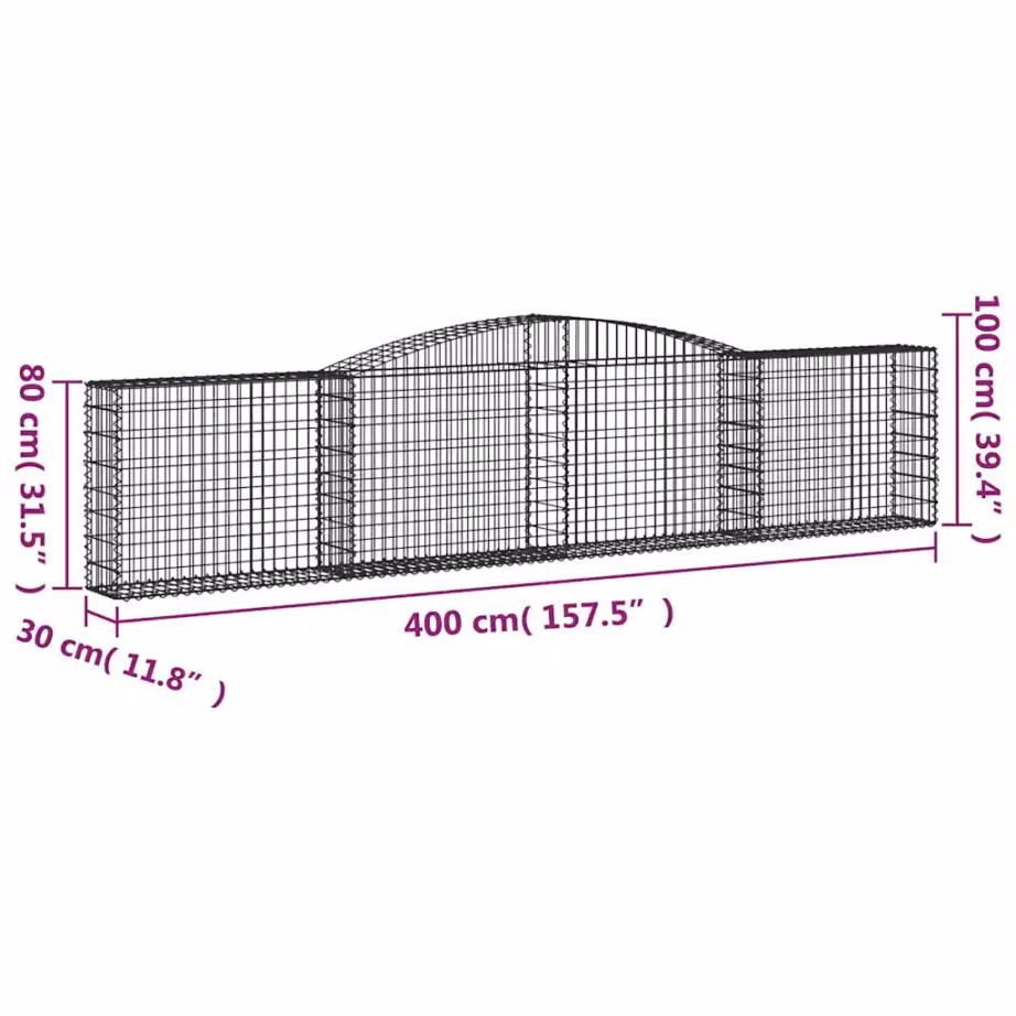 Kaarekujulised gabioonkorvid aiaseinaks, 6 tk, hõbedane tsingitud raud, 400 x 30 x 80/100 cm - 6