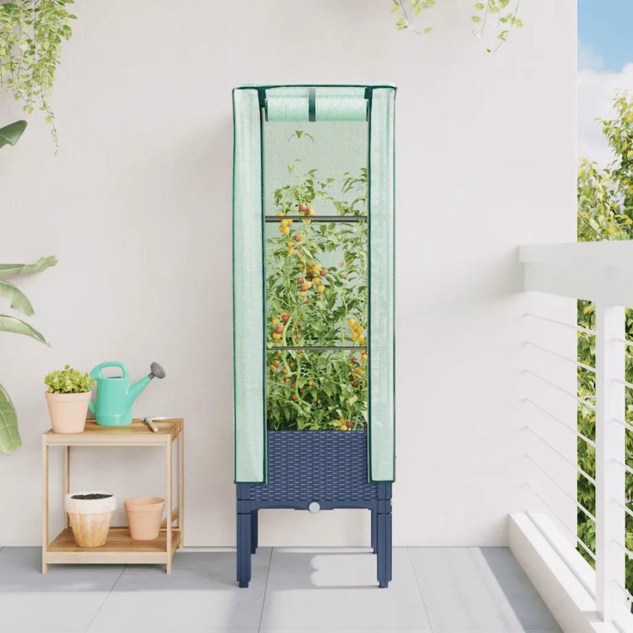 Kasvuhoonekattega kõrgendatud taimekast, rotangi välimus, sinakashall, 40 x 40 x 140 cm – 3