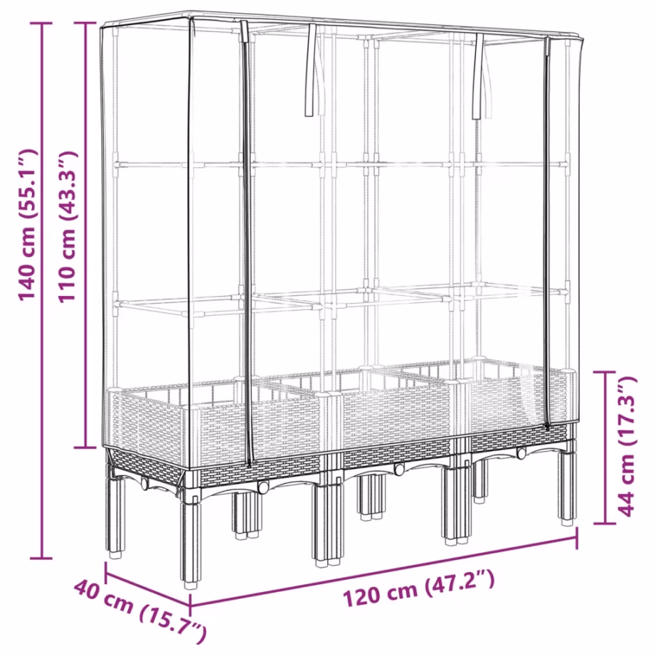 Kasvuhoonekattega kõrgendatud taimekast, rotangiimitatsiooniga, valge, 120 x 40 x 140 cm – 9