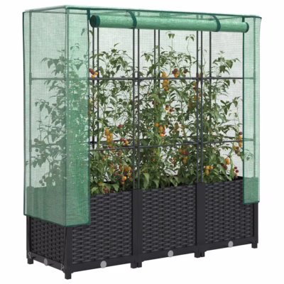 Kasvuhoonekattega kõrgendatud taimekast, rotangi välimus, must, 120 x 40 x 138 cm