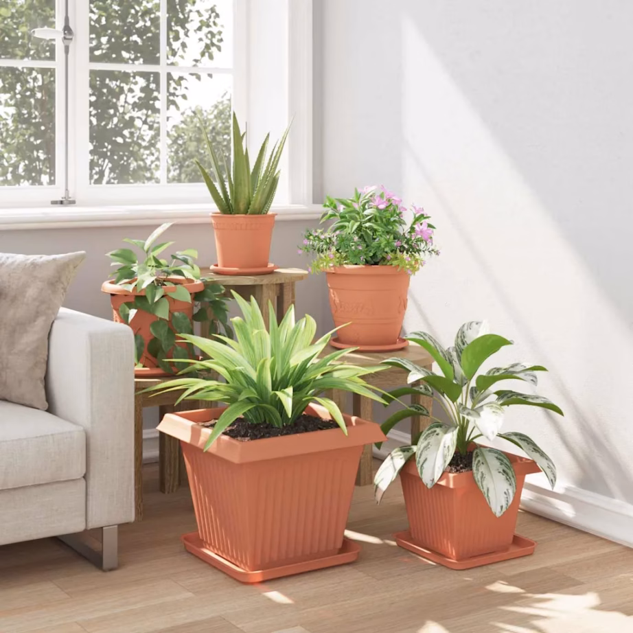 Ruutlillepotid äravooluaukudega, kohviroosa plast, 6 tk, 38 x 38 x 30 cm – 4