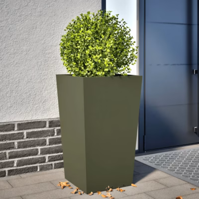 Kõrge oliiviroheline terasest taimekast põhjaga, 45 x 45 x 75 cm