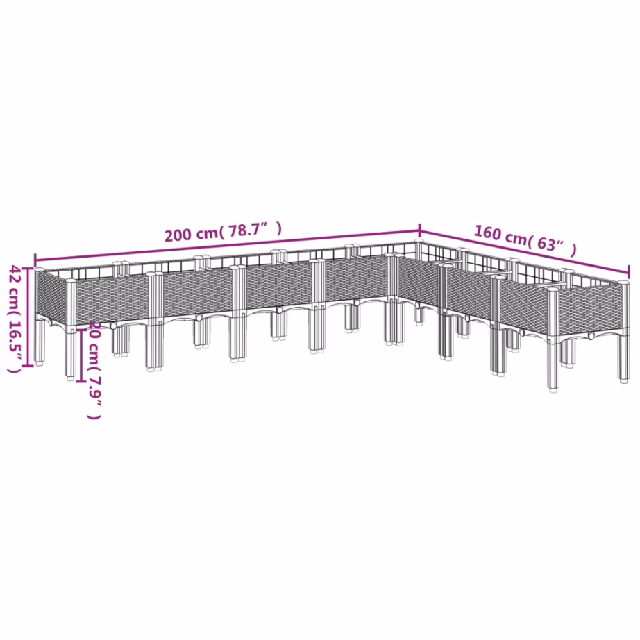 Kõrgendatud aia taimekast jalgadel, rotangmustriga, helehall PP, 200 x 160 x 42 cm – 8