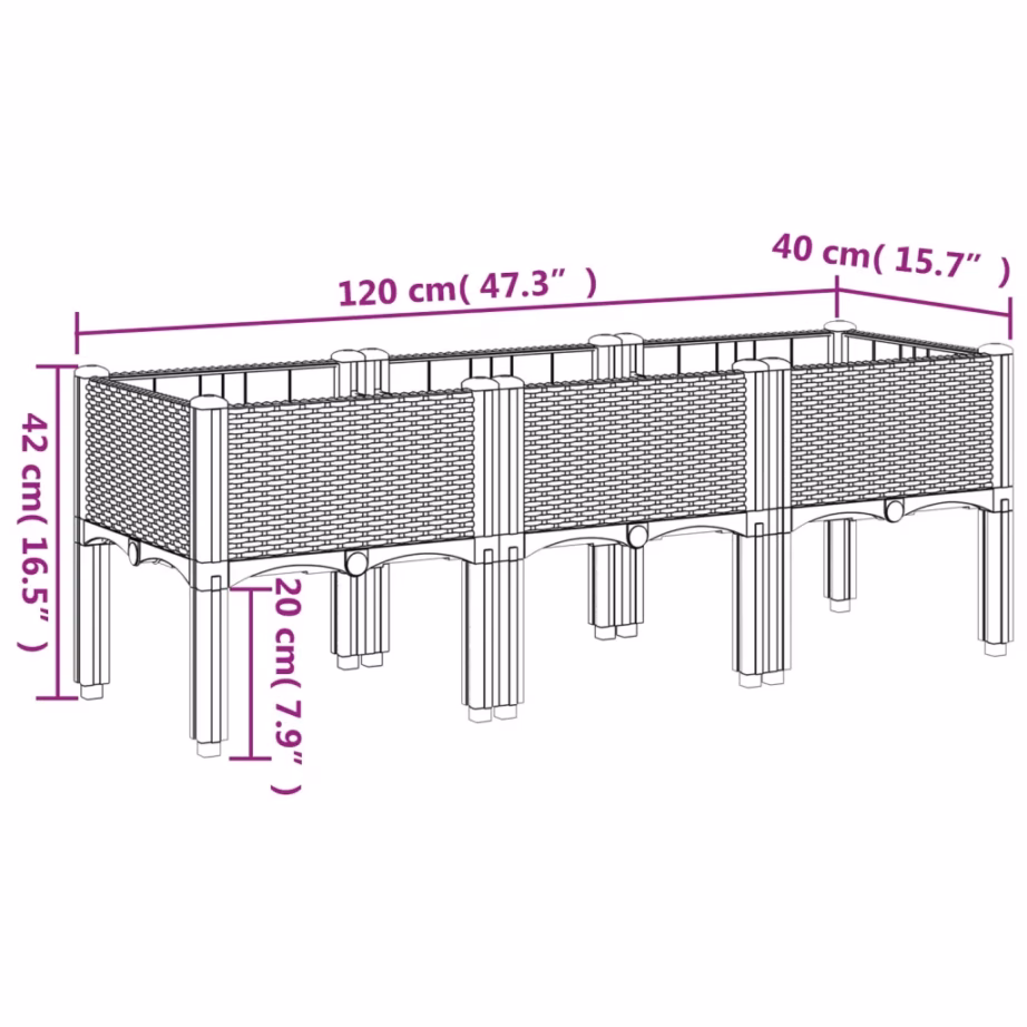 Kõrgendatud aiataimekast jalgadel, helehall, rotangimustriga PP, 120 x 40 x 42 cm – 7