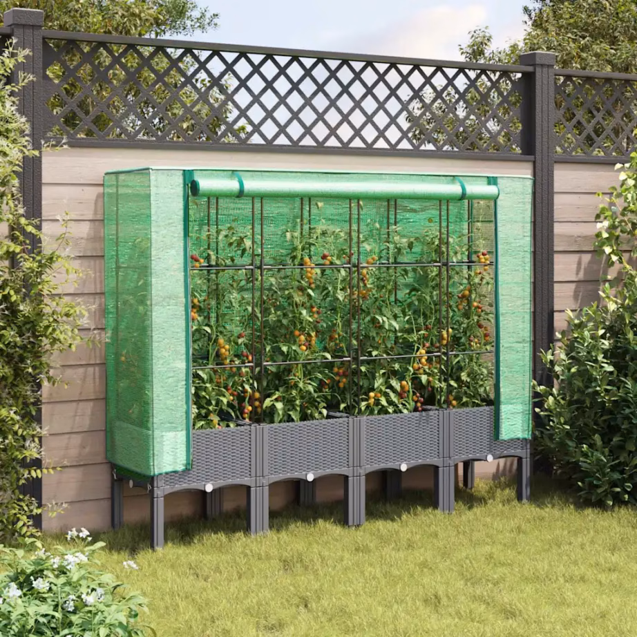 Kõrgendatud peenar kasvuhoonekattega, rotangiimitatsiooniga, helehall, 160 x 40 x 140 cm – 3