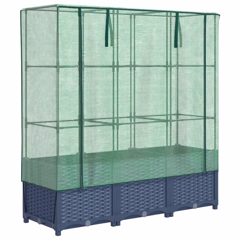 Kõrgendatud taimekast kasvuhoonekattega, rotangi välimus, sinakashall, 120 x 40 x 138 cm – 2
