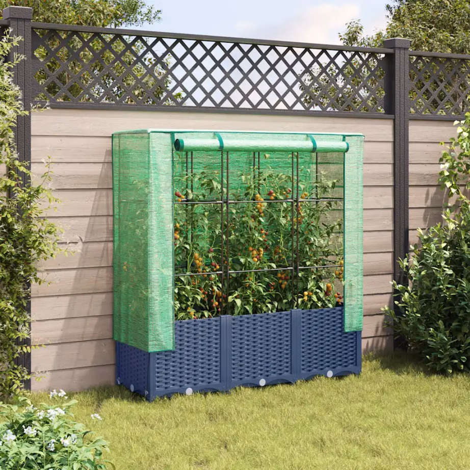 Kõrgendatud taimekast kasvuhoonekattega, rotangi välimus, sinakashall, 120 x 40 x 138 cm – 3