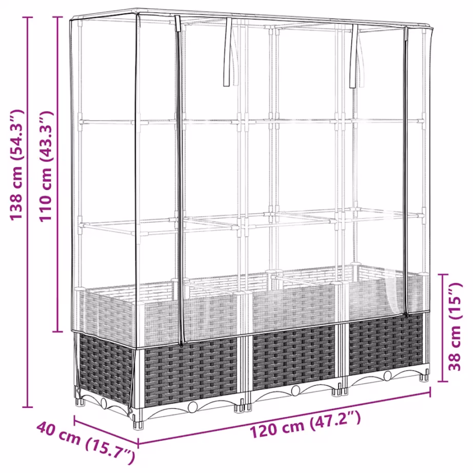 Kõrgendatud taimekast kasvuhoonekattega, rotangi välimus, sinakashall, 120 x 40 x 138 cm – 9