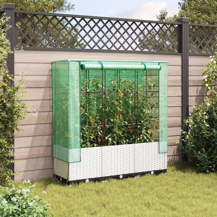 Kõrgendatud taimekast kasvuhoonekattega, rotangi välimus, valge, 120 x 40 x 138 cm – 3