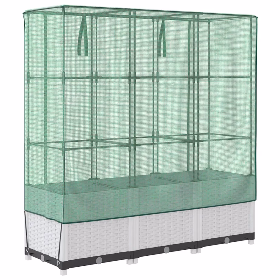 Kõrgendatud taimekast kasvuhoonekattega, rotangi välimus, valge, 120 x 40 x 138 cm – 6