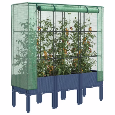 Rotangimustriga kõrgendatud taimekast kasvuhoonekattega, sinakashall, 120 x 40 x 140 cm