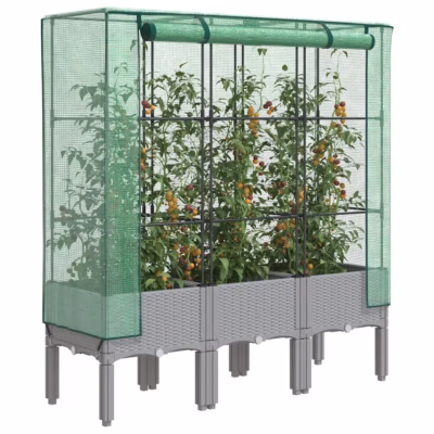 Kõrgendatud taimekast kasvuhoonekattega, rotangi välimus, helehall, 120 x 40 x 140 cm
