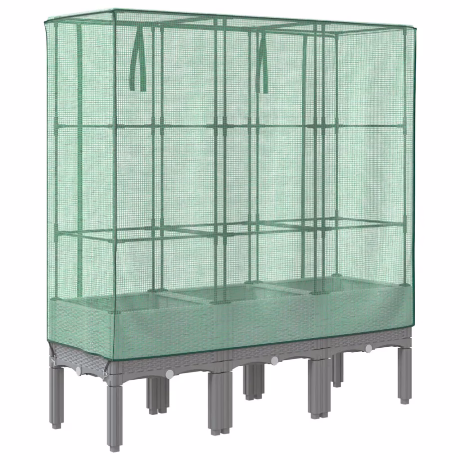 Kõrgendatud taimekast kasvuhoonekattega, rotangi välimus, helehall, 120 x 40 x 140 cm – 6