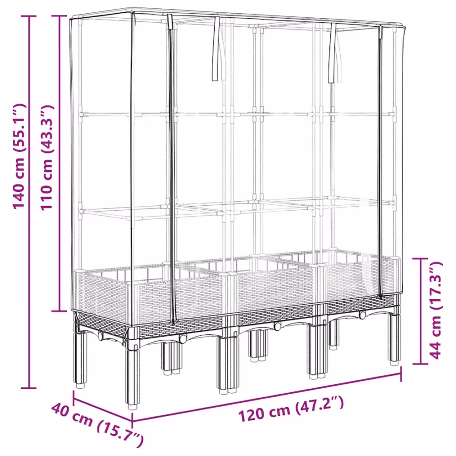 Kõrgendatud taimekast kasvuhoonekattega, rotangi välimus, helehall, 120 x 40 x 140 cm – 9