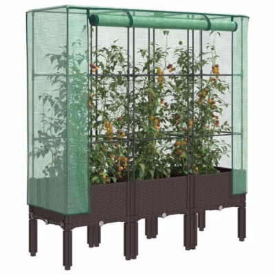 Kõrgendatud taimekast kasvuhoonekatte ja rohelise võrguga, rotangimustriga, pruun, 120 x 40 x 140 cm