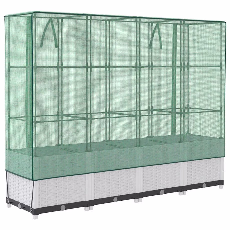 Kõrgendatud taimekast kasvuhoonekattega, valge rotangimustriga, 160 x 40 x 138 cm – 6