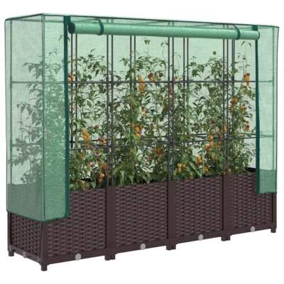 Kõrgendatud taimekast kasvuhoonekattega, rotangi välimus, pruun, 160 x 40 x 138 cm