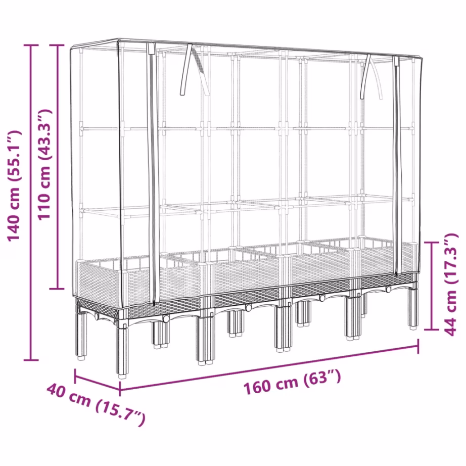 Kasvuhoonekattega kõrgendatud taimekast, rotangi välimus, must, 160 x 40 x 140 cm – 9