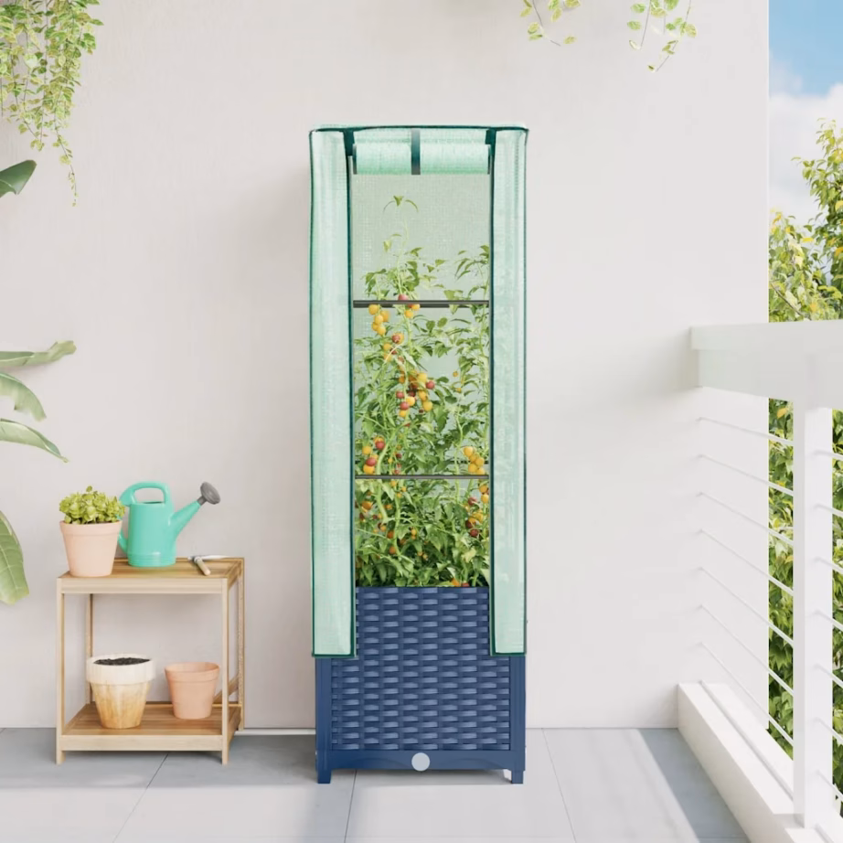 Kasvuhoonekattega kõrgendatud taimekast, rotangi välimus, sinakashall, 40 x 40 x 139 cm – 3