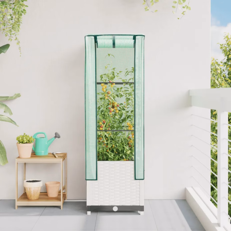 Kõrgendatud taimekast kasvuhoonekattega, rotangiimitatsiooniga, valge, 40 x 40 x 139 cm – 3