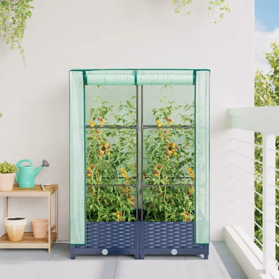 Kõrgendatud taimekast kasvuhoonekattega, rotangi välimus, sinakashall, 80 x 40 x 123 cm – 3