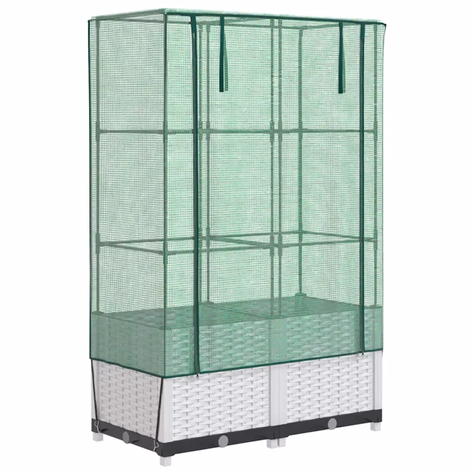 Kõrgendatud taimekast kasvuhoonekattega, valge rotangiimitatsioon, 80 x 40 x 138 cm – 2