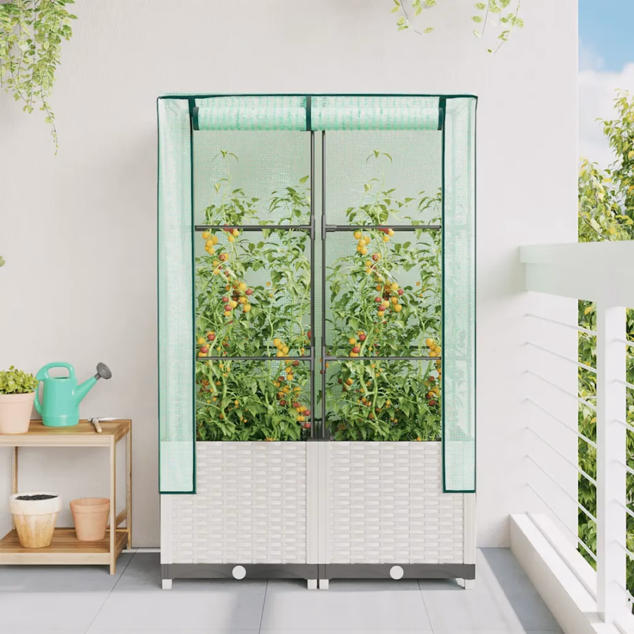 Kõrgendatud taimekast kasvuhoonekattega, valge rotangiimitatsioon, 80 x 40 x 138 cm – 3