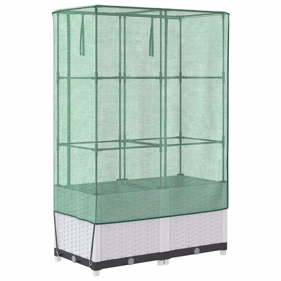 Kõrgendatud taimekast kasvuhoonekattega, valge rotangiimitatsioon, 80 x 40 x 138 cm – 6