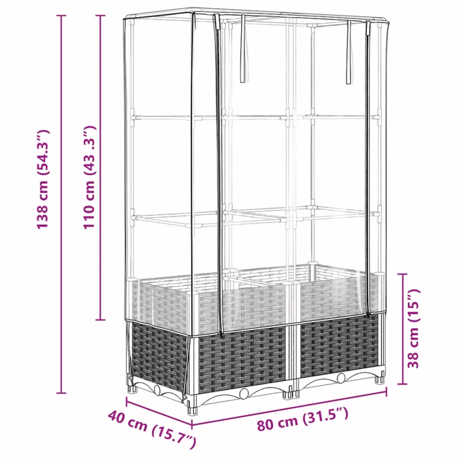 Kõrgendatud taimekast kasvuhoonekattega, rotangiimitatsiooniga, sinakashall, 80 x 40 x 138 cm – 9