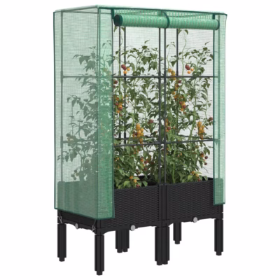 Kõrgendatud taimekast kasvuhoonekattega, rotangi välimusega, must, 80 x 40 x 140 cm